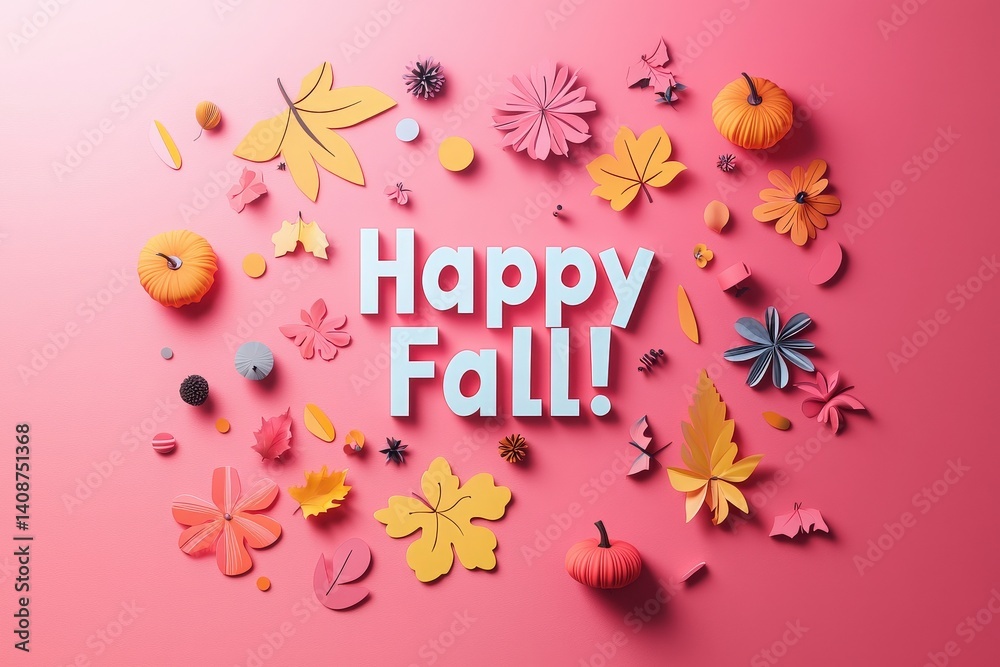 A vibrant arrangement of paper-crafted leaves, flowers, and pumpkins surrounds a cheerful Happy Fall greeting on a pink backdrop, celebrating the arrival of autumn with artistic flair.