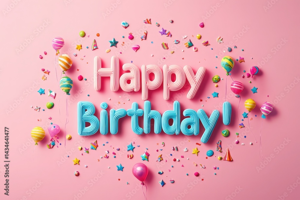 A vibrant arrangement of party decorations features bold text reading Happy Birthday. Colorful balloons, stars, and confetti surround the text on a soft pink background, enhancing the festive mood.