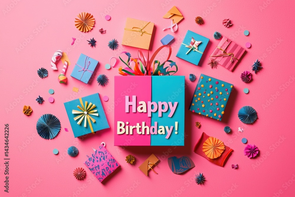 A vibrant arrangement showcases various colorful gifts and birthday decorations on a vivid pink background. Fun patterns, bows, and confetti create a festive atmosphere for a birthday celebration.