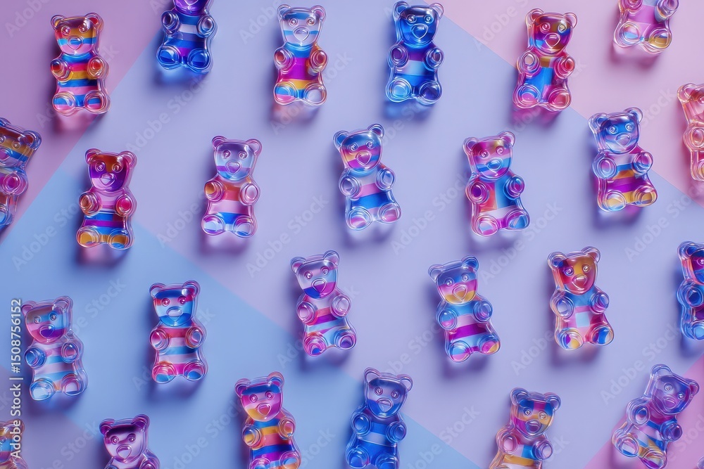 A vibrant array of gummy bears in various hues is displayed on a pastel-colored surface. The playful arrangement showcases the transparent candies reflecting light, creating a cheerful atmosphere.