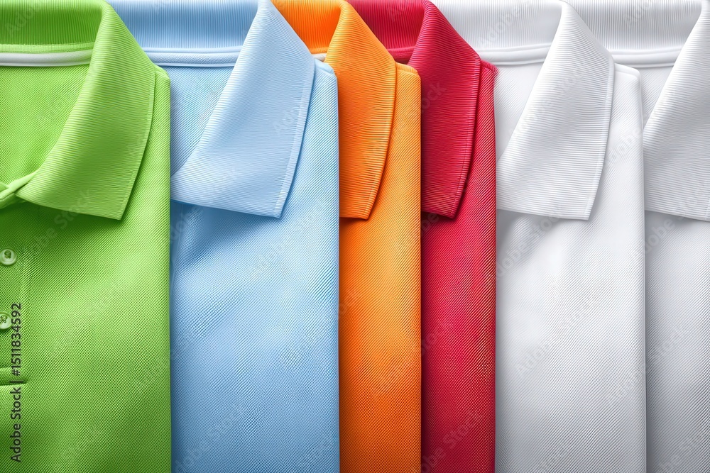 A vibrant array of polo shirts in various colors including green, blue, orange, red, and white is neatly displayed. The shirts feature classic collars and button closures, ideal for casual wear.