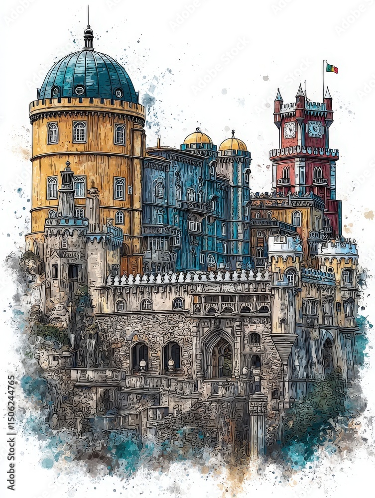 A vibrant artistic depiction showcases an elaborate castle structure with multiple towers and intricate details.