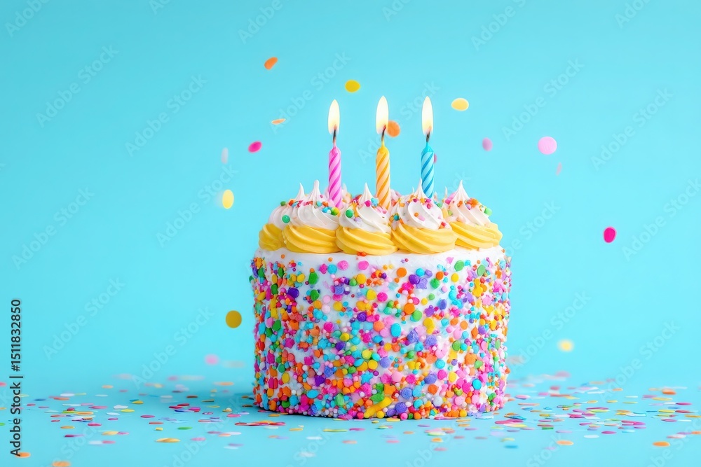 A vibrant birthday cake adorned with colorful sprinkles stands proudly against a bright blue backdrop.