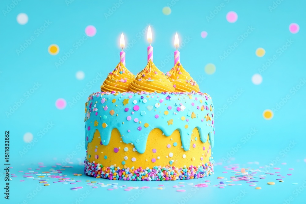 A vibrant birthday cake features two layers, one decorated in blue icing and the other in yellow. Three lit candles stand on top, surrounded by colorful sprinkles and confetti.