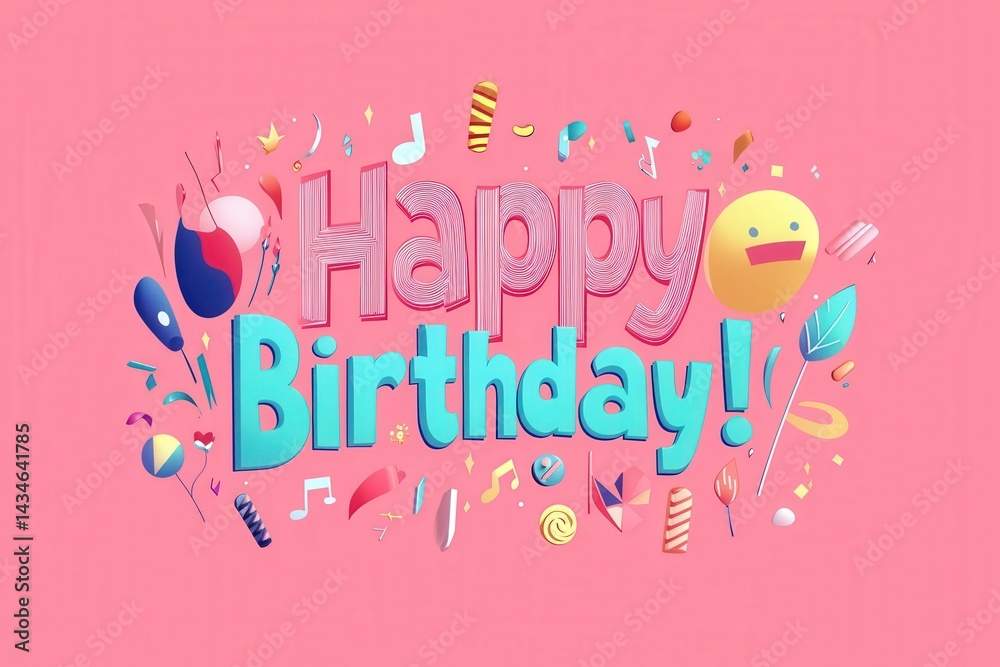A vibrant birthday greeting featuring bold text and playful decorations. Bright colors and fun symbols create a joyful atmosphere perfect for any birthday celebration.