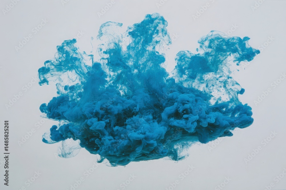 A vibrant blue cloud of smoke billows against a light background, creating an abstract and dynamic visual. The swirling patterns evoke movement and engage the viewers imagination.