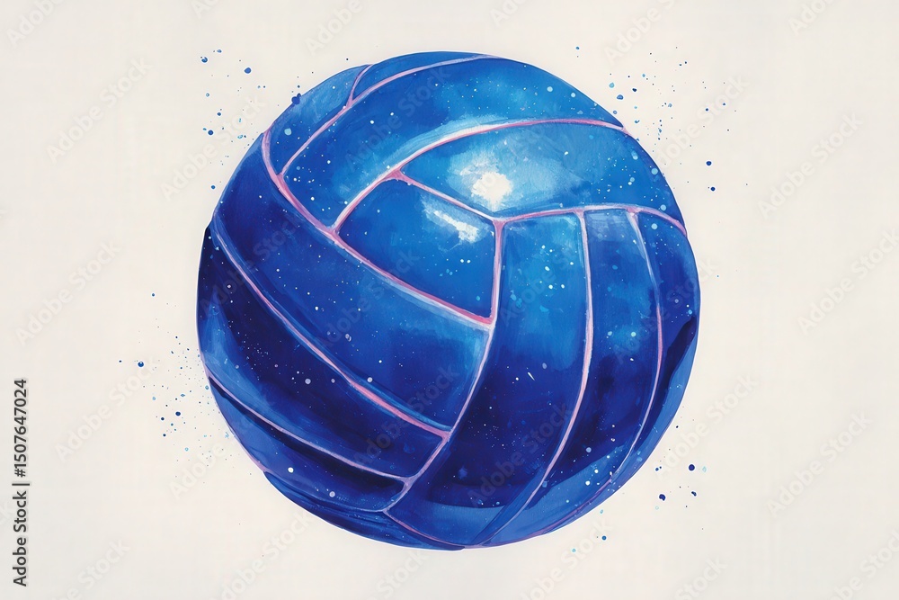A vibrant blue volleyball is centered on a plain white background, featuring artistic splashes of color around it. The ball has detailed stitching and a glossy finish that enhances its appearance.