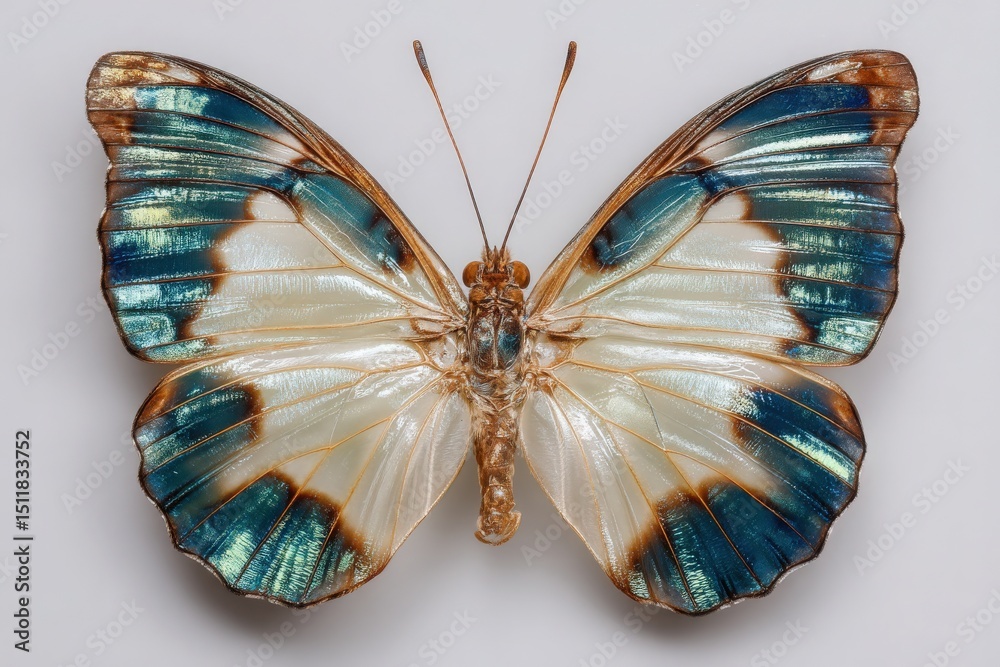 A vibrant butterfly specimen shows intricate blue and brown patterns on its wings. It is positioned on a flat, neutral background, highlighting its detailed textures and colors.