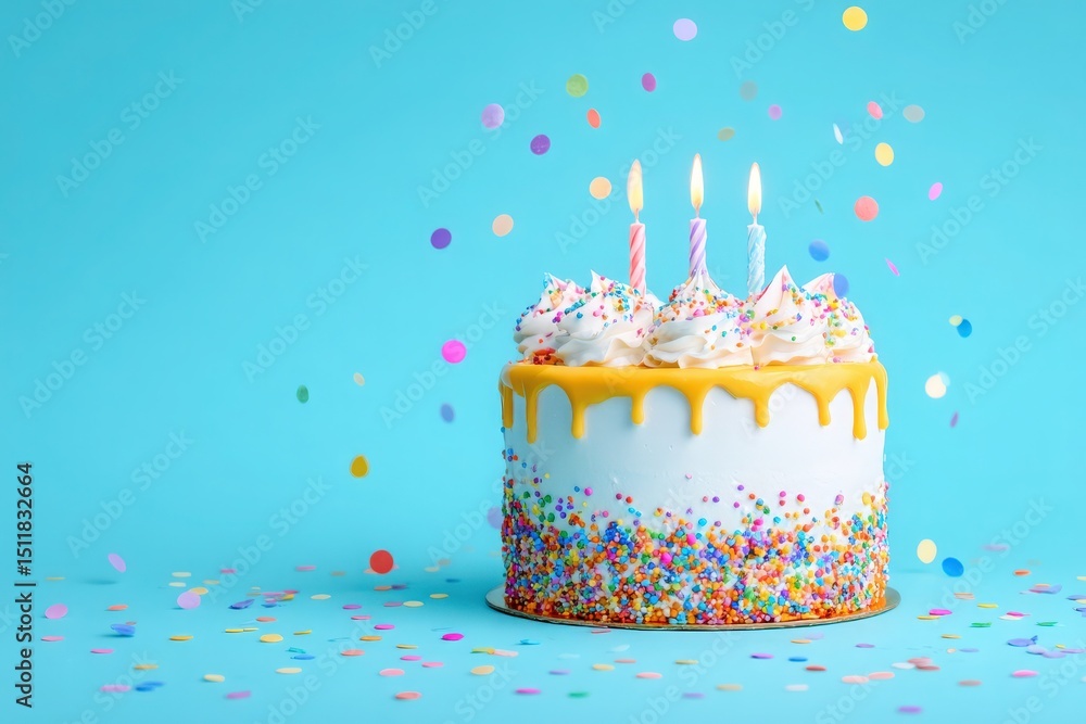 A vibrant cake topped with frosting, three lit candles, and colorful sprinkles sits against a bright blue backdrop. Colorful confetti falls around the cake, enhancing the festive atmosphere.