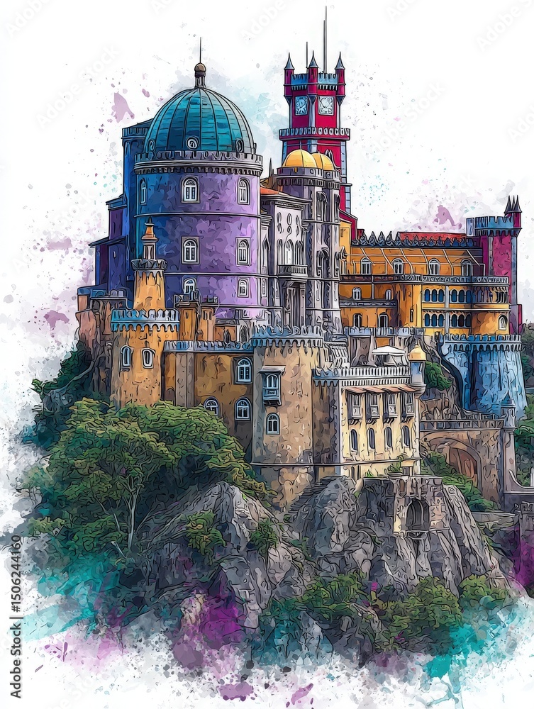 A vibrant castle with diverse architectural styles sits on a rocky elevation surrounded by lush green trees. The structure showcases vivid colors and intricate details, highlighting its unique design.
