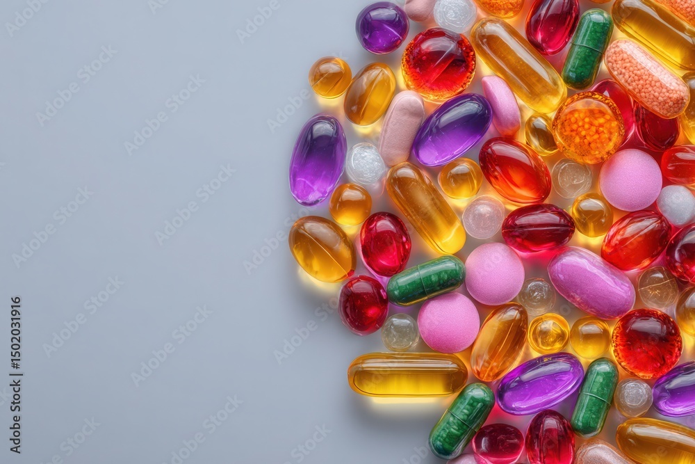 A vibrant collection of different shapes and sizes of pills and capsules arranged on a smooth light surface, showcasing bright colors and textures. Some are gel-like while others are tablet forms.