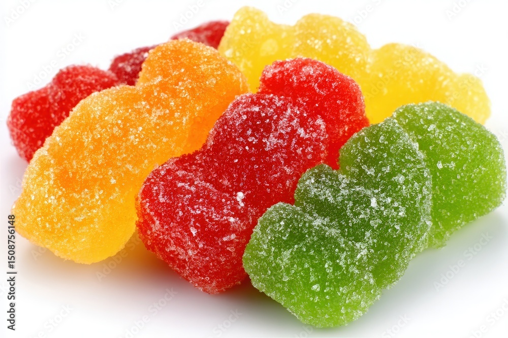 A vibrant collection of gummy bear candies in assorted colors including red, yellow, green, and orange. Each piece is coated in sugar, showcasing their chewy texture and fruity flavors.