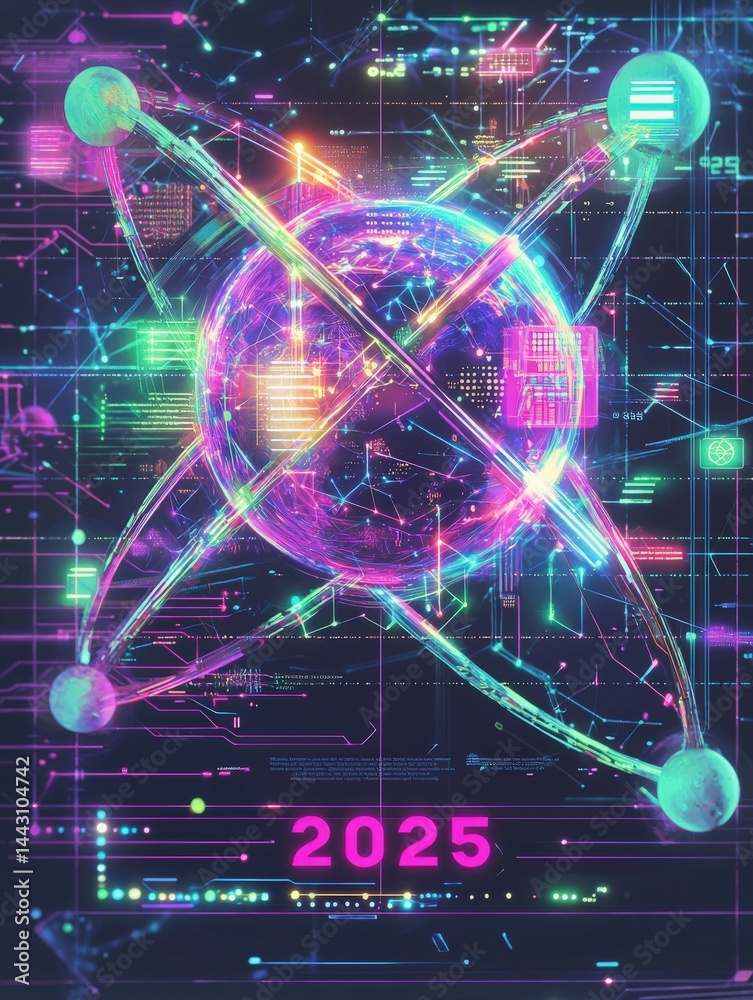 A vibrant, colorful display showcases a digital futuristic world with glowing atoms and intricate technology elements. The artwork highlights science and innovation as it presents the year 2025.