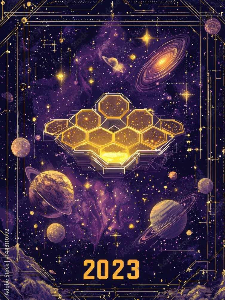 A vibrant cosmic illustration shows hexagonal shapes glowing amidst planets and stars. The backdrop of deep space enhances the futuristic feel, with multiple galaxies shining brightly.