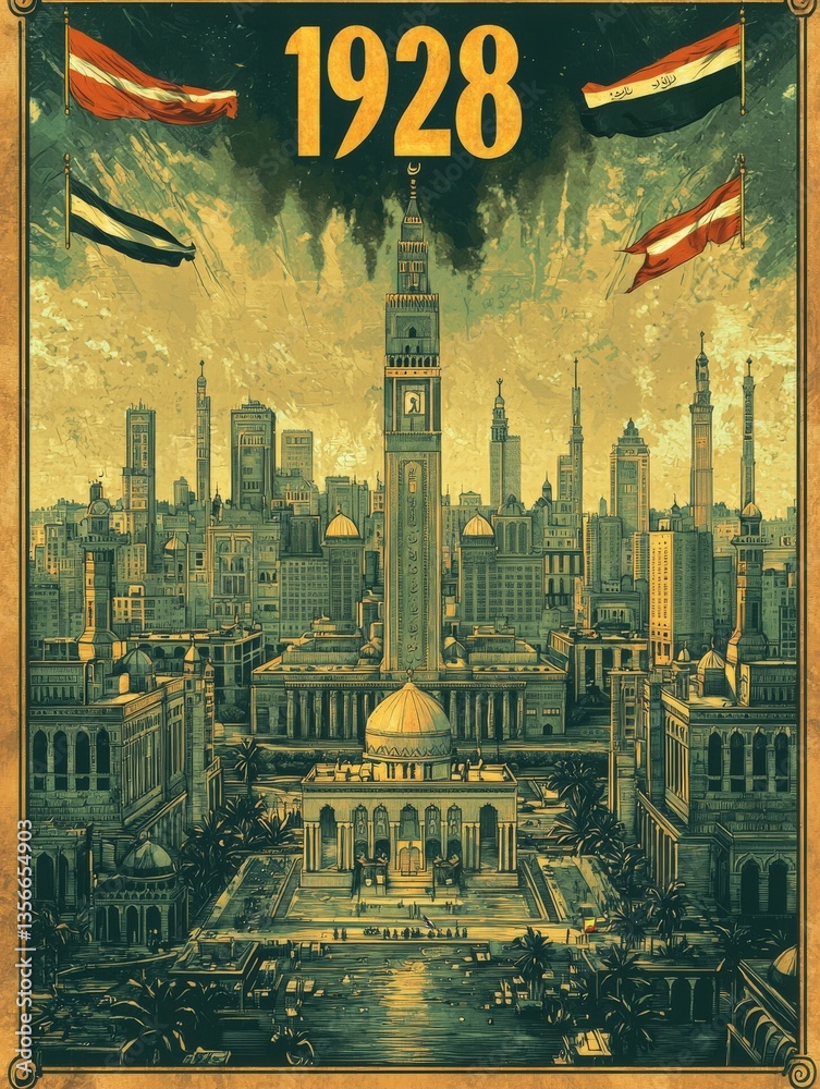 A vibrant depiction of a city from 1928 showcasing a bustling urban landscape.