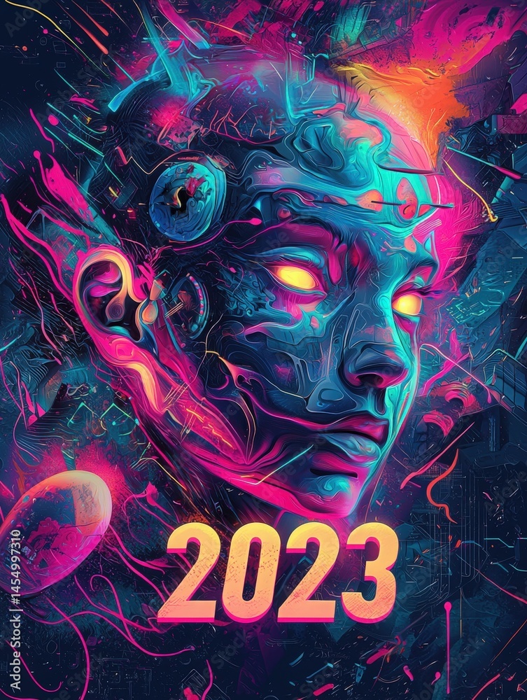A vibrant digital artwork showcases a futuristic human-like face with glowing features and abstract patterns. The design incorporates intense colors and cosmic elements, symbolizing advancement.