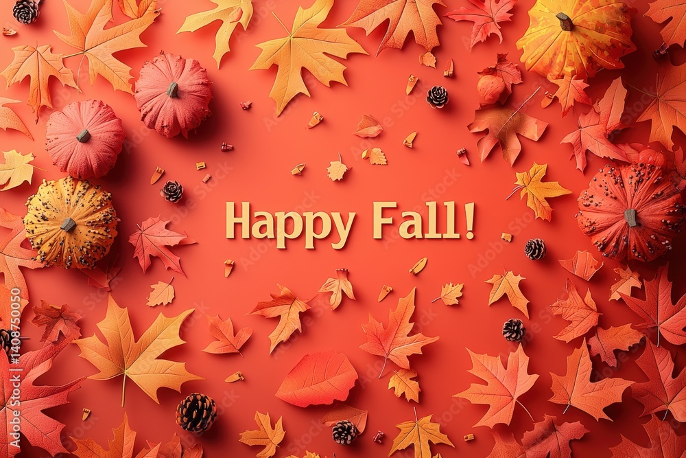 A vibrant display captures the essence of fall with orange leaves, decorative pumpkins, and pine cones on a warm background, symbolizing the beauty of autumn festivities.