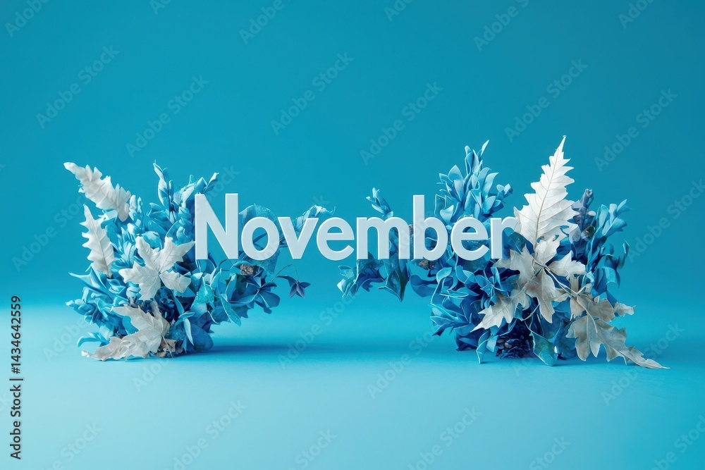 A vibrant display of blue and white foliage decorates the word November, set against a bright blue background. The colorful arrangement adds a fresh and artistic flair suitable for seasonal decor.