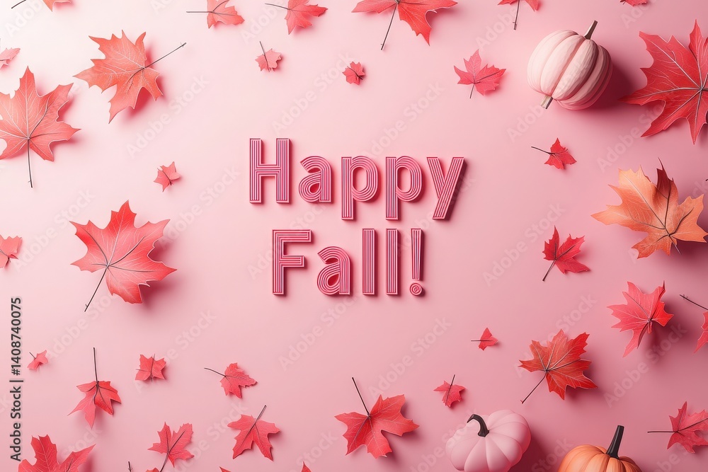 A vibrant display of red and orange maple leaves is scattered across a soft pink background, with small pumpkins adding seasonal charm. The words Happy Fall are prominently featured in the center.