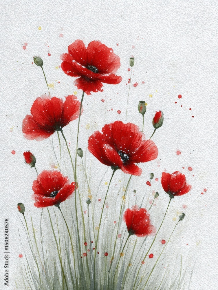A vibrant display of red poppies rises against a softly colored backdrop. The flowers exhibit gentle brushstrokes with fine details, showcasing their beauty in a serene arrangement.