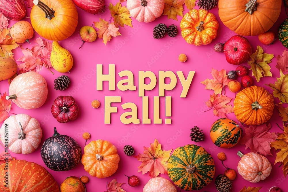 A vibrant display of various pumpkins and colorful autumn leaves surrounds the cheerful message Happy Fall.