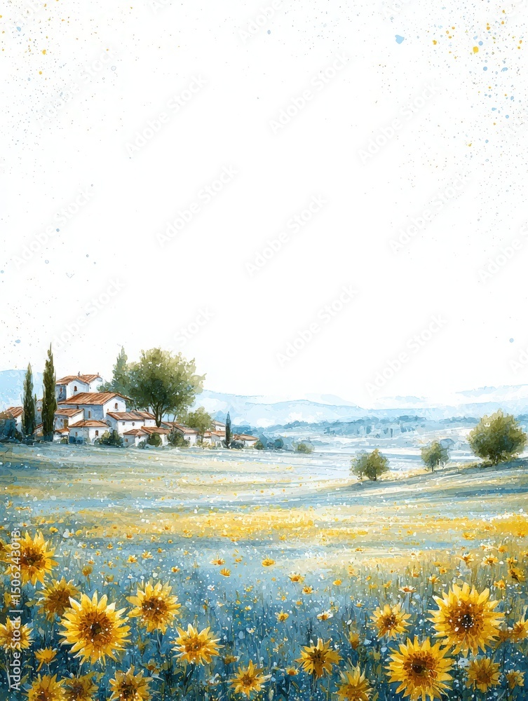 A vibrant field of sunflowers stretches across the foreground, leading to a quaint village nestled among green trees under a clear sky.