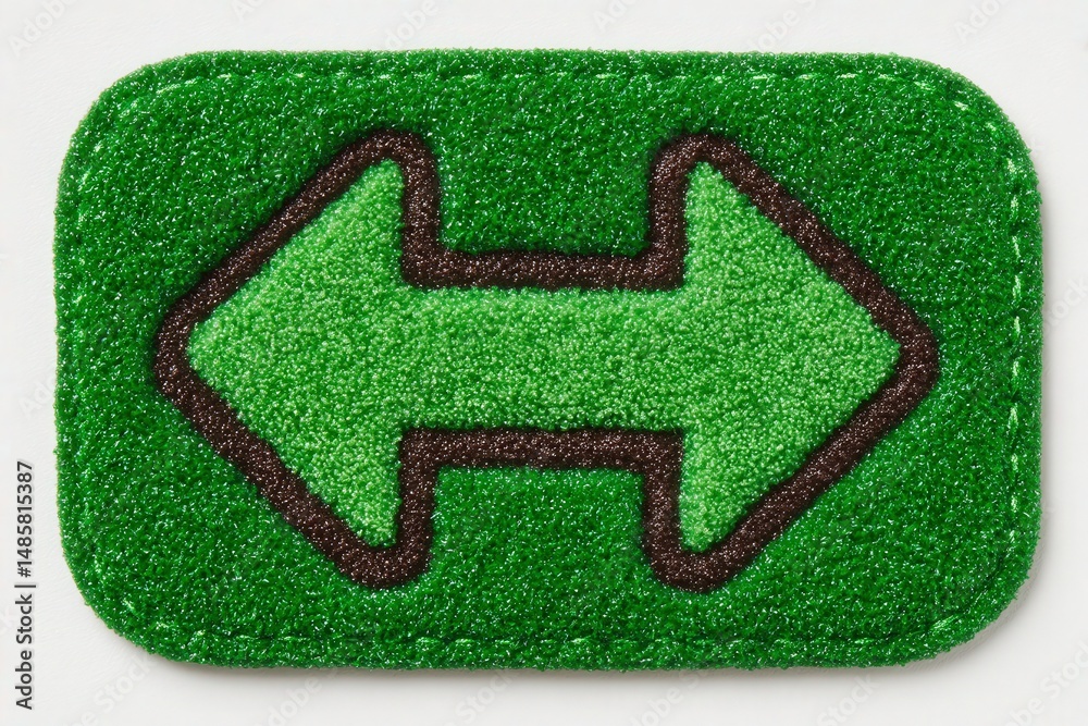 A vibrant green felt patch showcases a large, centered arrow pointing left and right. The contrasting brown outline adds depth, ideal for crafting projects or embellishing clothing.