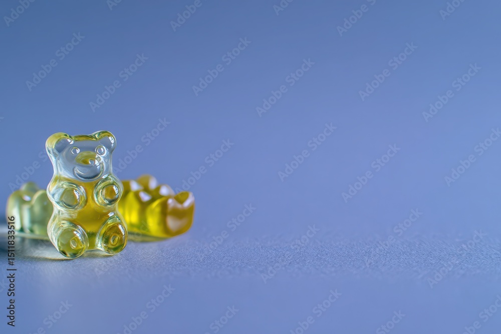 A vibrant gummy bear and other candy shapes sit on a smooth, light surface. The playful arrangement highlights their different colors and textures, inviting a sense of fun and indulgence.