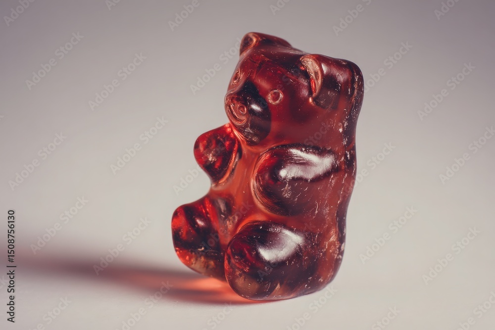 A vibrant gummy bear candy in a reddish hue is displayed upright on a smooth surface. Soft lighting highlights its glossy texture, showcasing its playful and appetizing appearance.