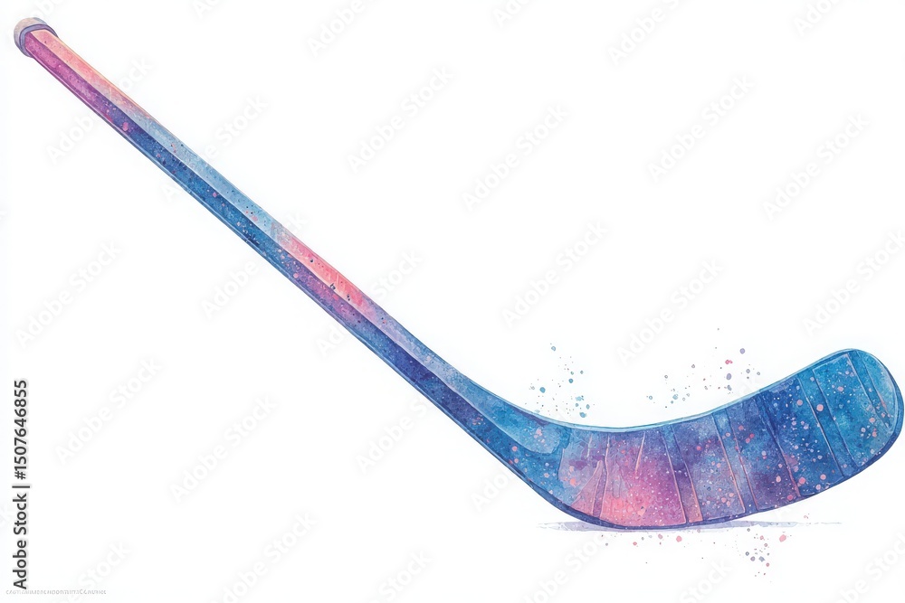 A vibrant hockey stick features a cosmic design with shades of blue and pink. The artistic representation blends sports and creativity, appealing to both players and fans.