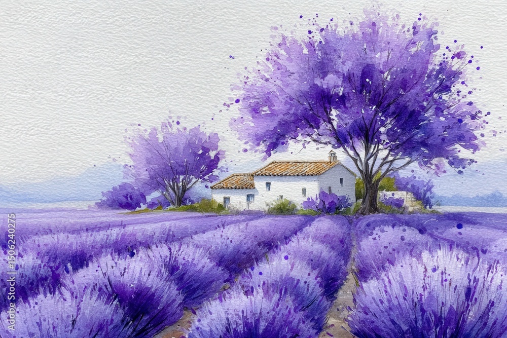 A vibrant lavender field stretches towards a quaint white cottage, surrounded by blooming purple trees. The cloudy sky creates a calm atmosphere, enhancing the peaceful rural setting.