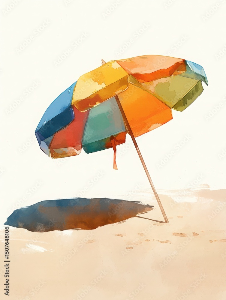A vibrant multi-colored umbrella stands on a sandy beach, casting a soft shadow on the ground. The sun shines brightly overhead, creating a perfect summer atmosphere for relaxation.