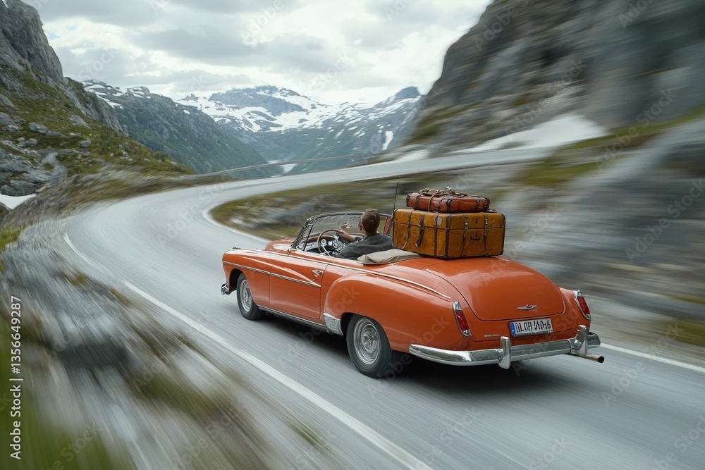 A vibrant orange convertible drives along a winding mountain road surrounded by snow-capped peaks.