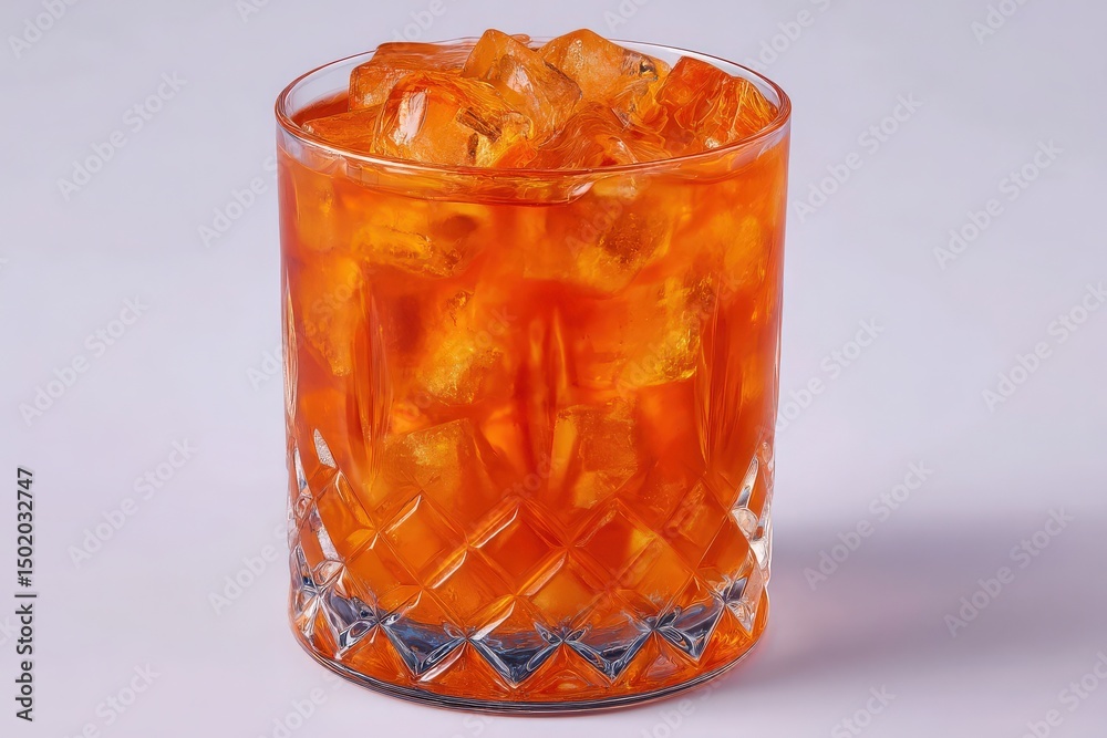 A vibrant orange drink filled with ice sits in a clear glass, showcasing a refreshing appearance. The backdrop is softly lit, emphasizing the drinks bright color.