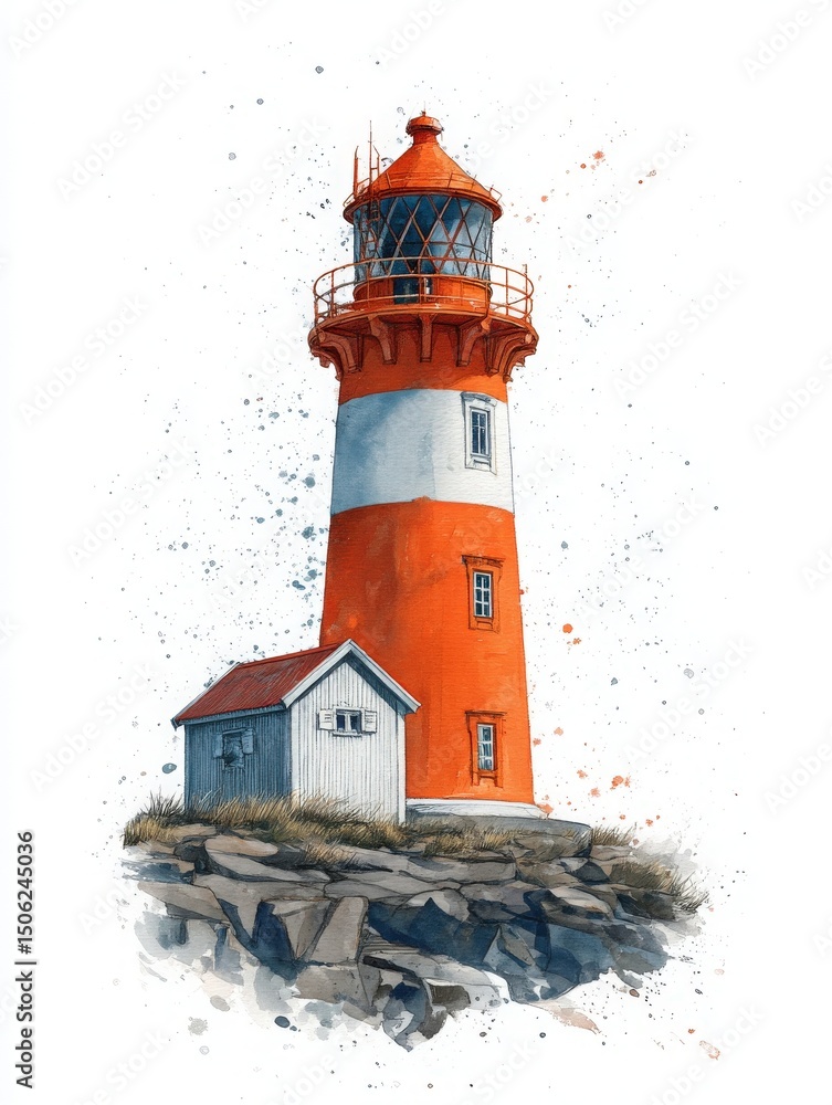 A vibrant red and white lighthouse rises above a rocky coast, accompanied by a small white house. The scene is enhanced by splashes of blue paint, creating a lively atmosphere.
