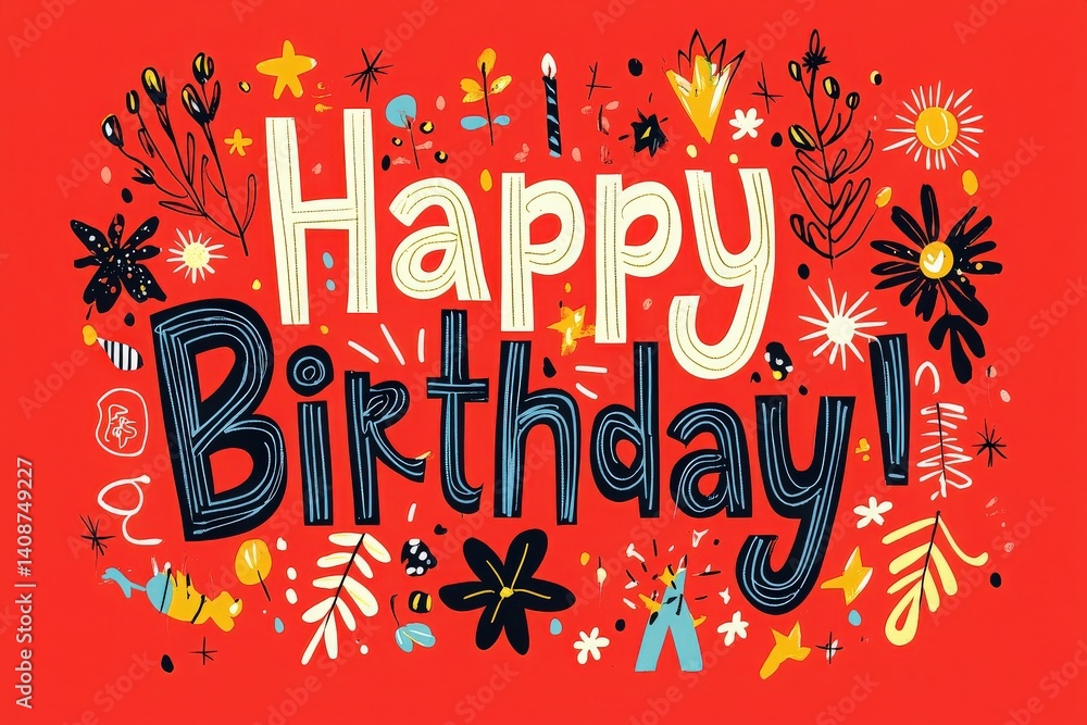 A vibrant red background features cheerful graphics celebrating a birthday. Decorated with flowers, stars, and doodles, the playful typography reads Happy Birthday! in bold, colorful letters.