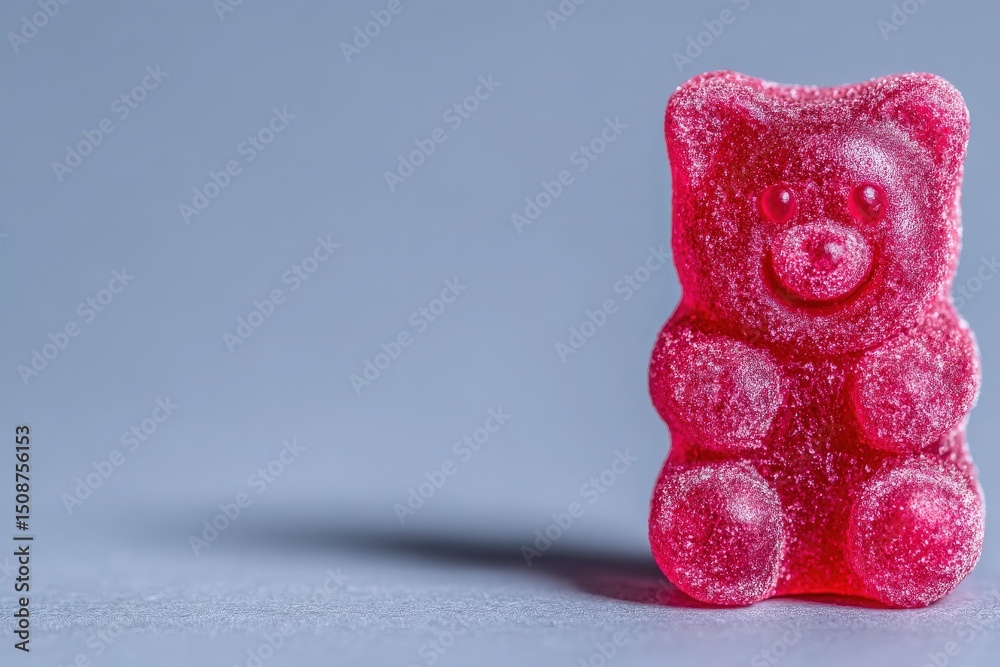 A vibrant red gummy bear candy rests on a sleek surface, illuminated by gentle lighting that enhances its sugary texture. The cheerful figure radiates a playful and inviting charm.