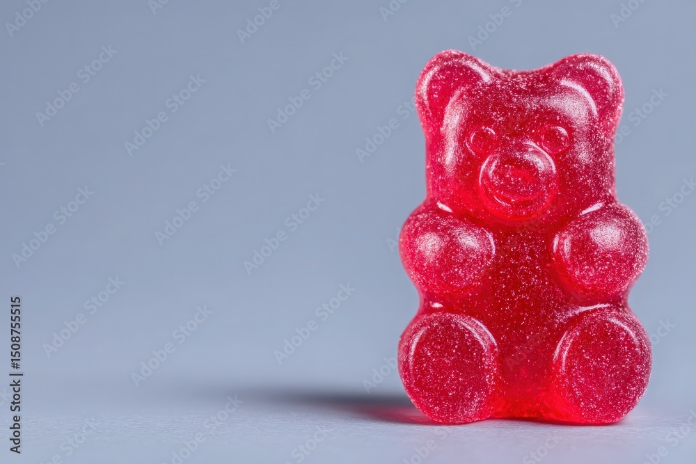 A vibrant red gummy bear displays a glossy surface and rounded features. It sits prominently on a muted gray backdrop, emphasizing its playful shape and sweet appeal.
