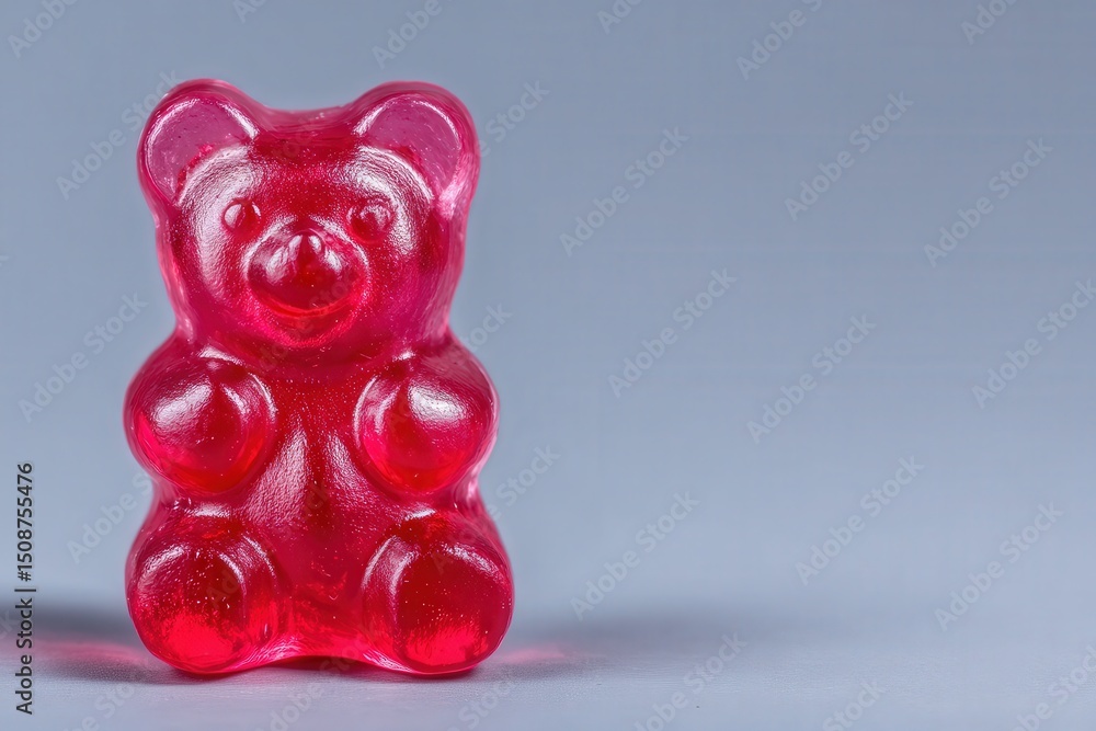 A vibrant red gummy bear stands upright against a smooth gray backdrop. Its glossy surface reflects light, showcasing its cheerful shape and texture, inviting a sense of nostalgia and joy.