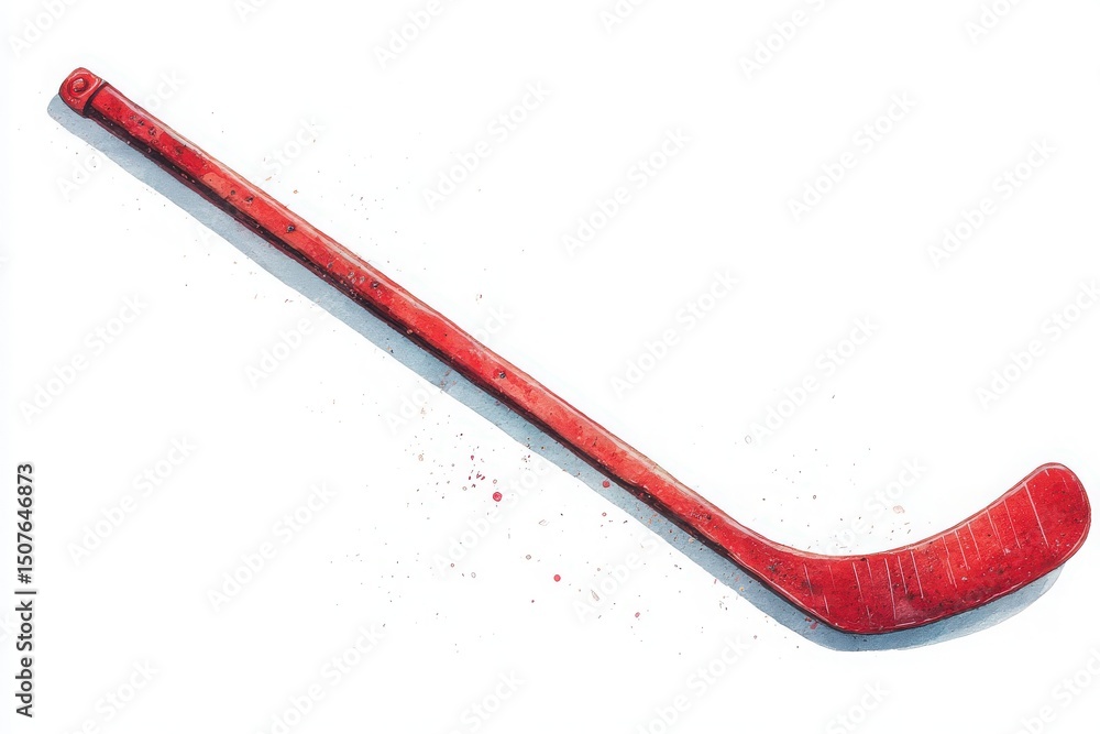 A vibrant red hockey stick rests on a smooth white surface, showcasing its curved blade and striking color. The stick appears well-used, hinting at many exciting games and practices ahead.