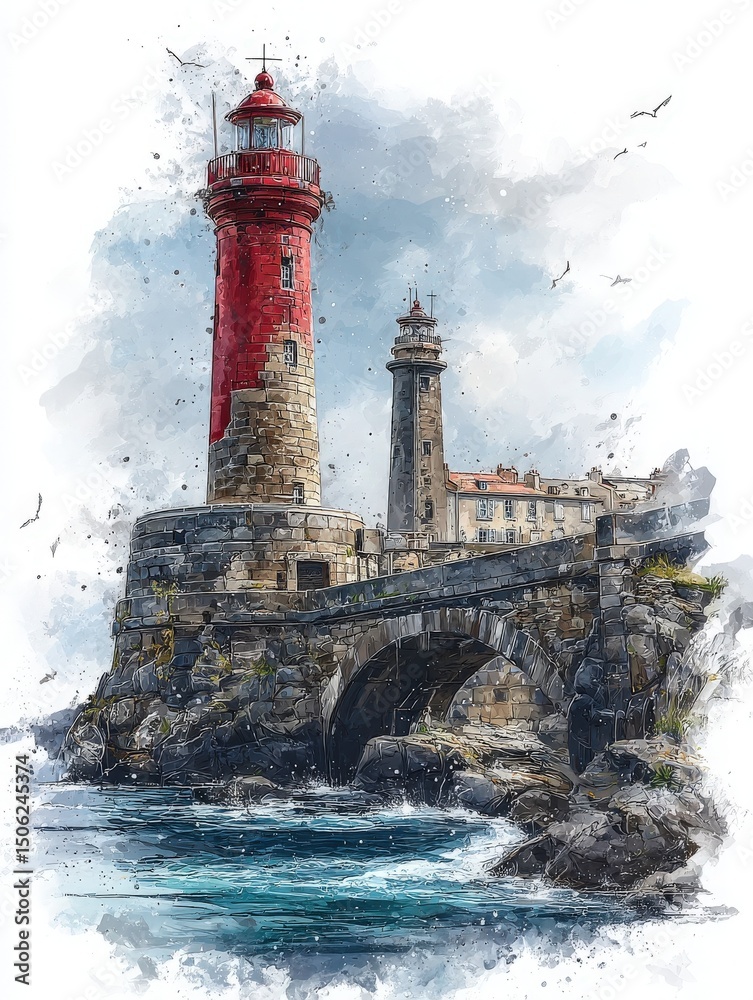 A vibrant red lighthouse stands prominently beside a stone structure, weathering ocean waves and stormy skies.