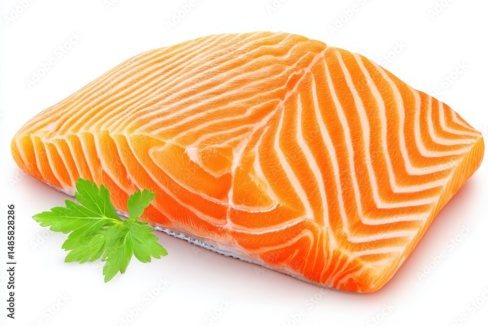 A vibrant salmon fillet is displayed against a white background, showcasing its rich orange color and distinctive marbling. A sprig of green parsley adds a fresh touch to the presentation.