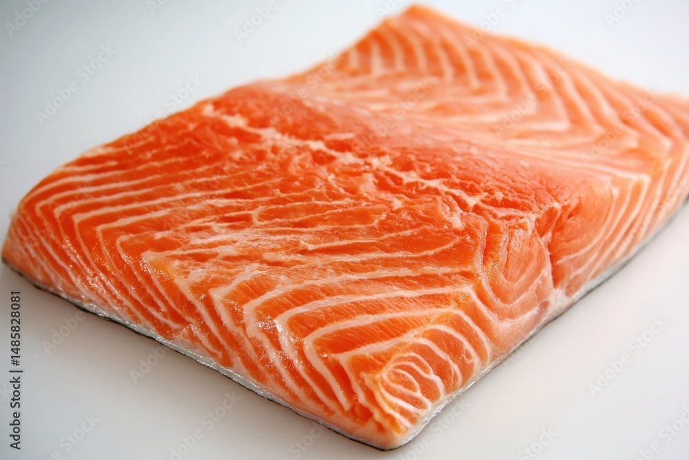 A vibrant salmon fillet lies on a smooth surface, showcasing its rich orange color and distinct marbling. Ideal for grilling or baking, this fresh fish invites culinary creativity.