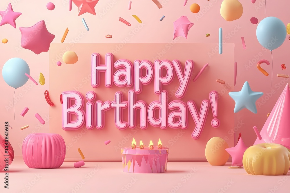 A vibrant setup for a birthday celebration featuring pastel colors, a cake with candles, and festive shapes. Elements include stars, balloons, and confetti, creating a joyful atmosphere.