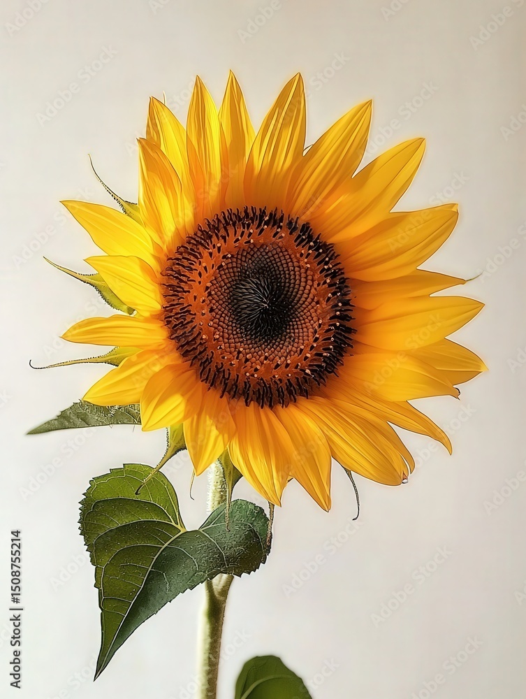 A vibrant sunflower stands tall with its golden petals fully opened, showcasing a dark center. The plant is accompanied by green leaves and illuminated by soft, natural light.