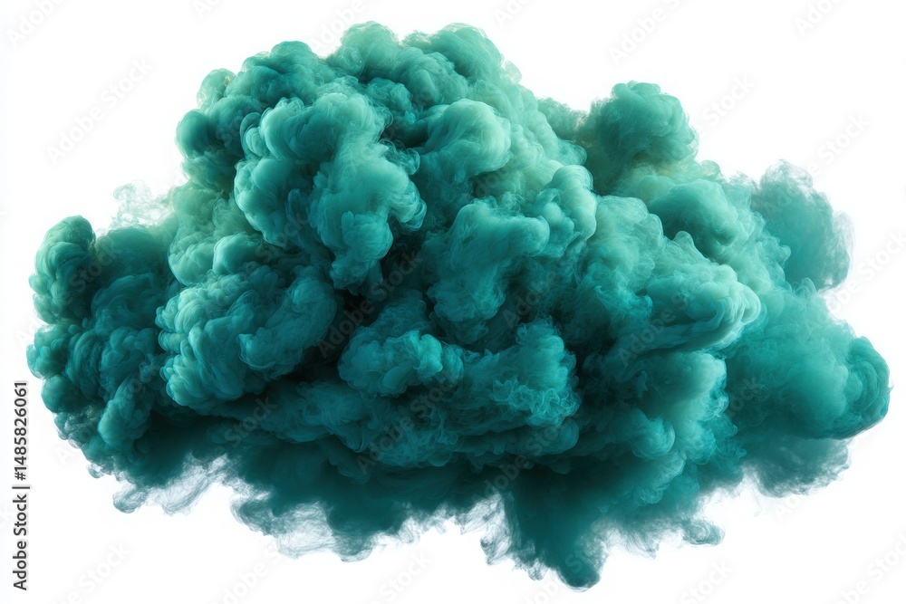 A vibrant teal-colored smoke cloud billows and swirls on a white background, creating a striking visual effect. The soft, textured appearance of the cloud enhances its artistic quality.