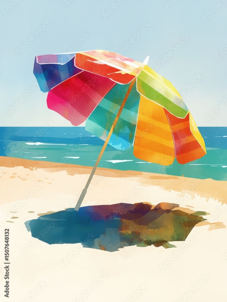 A vibrant umbrella stands on a sunlit beach, providing shade on the fine sand. The ocean waves gently lap at the shore, creating a serene atmosphere.