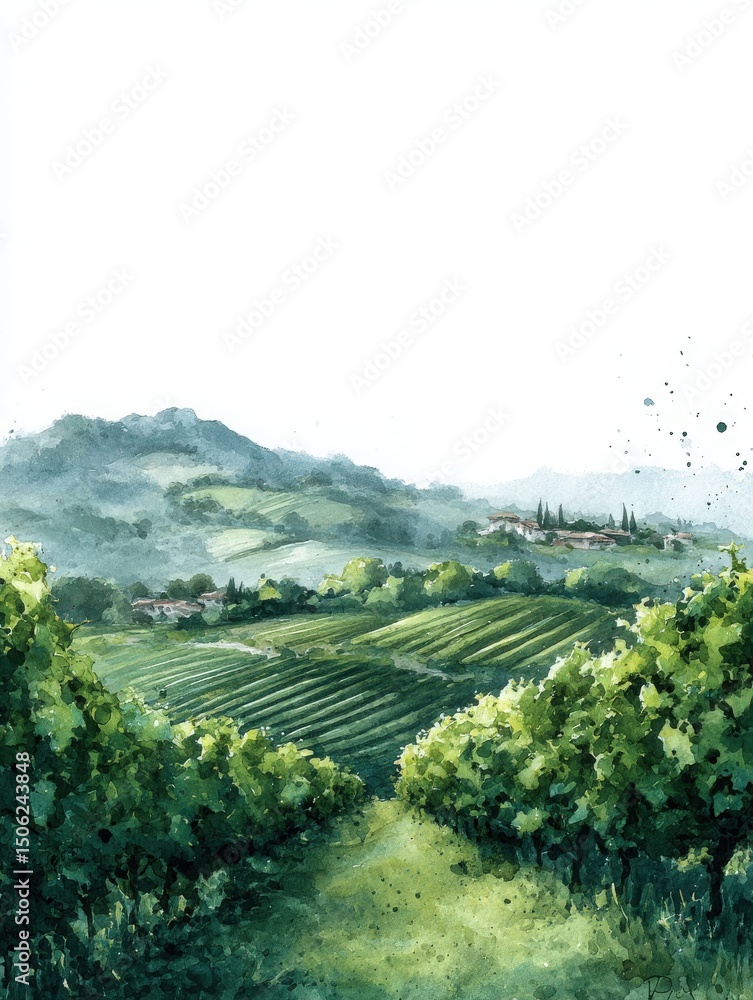 A vibrant vineyard stretches across rolling hills, adorned with lush green grapevines. The atmosphere is serene, with mist enveloping the landscape, hinting at early morning hours.