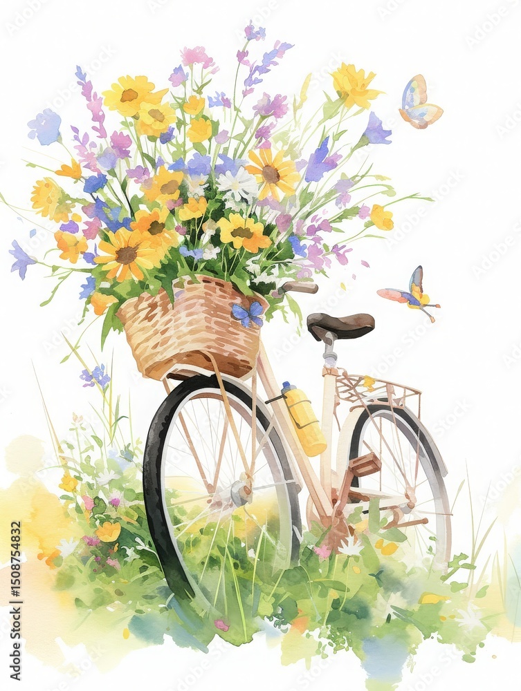A vintage bicycle stands in a lush field, its front basket overflowing with vibrant wildflowers. Colorful butterflies flutter nearby, creating a peaceful and picturesque atmosphere.