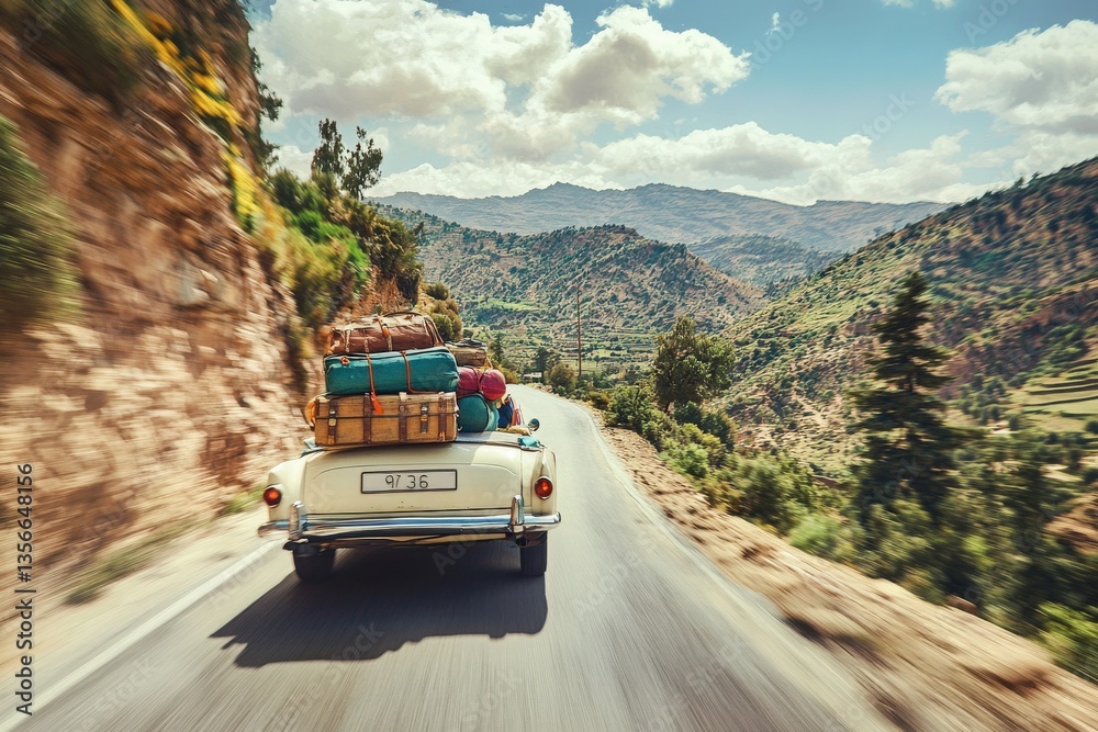 A vintage car travels along a winding road, laden with colorful luggage. The backdrop features lush mountains and a clear blue sky, reflecting a serene getaway in nature.